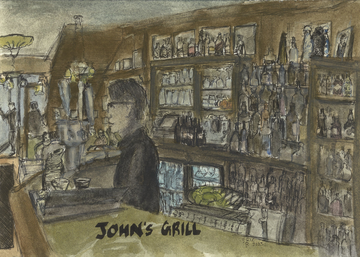 Hand drawn sketch of the bar and restaurant John's Grill