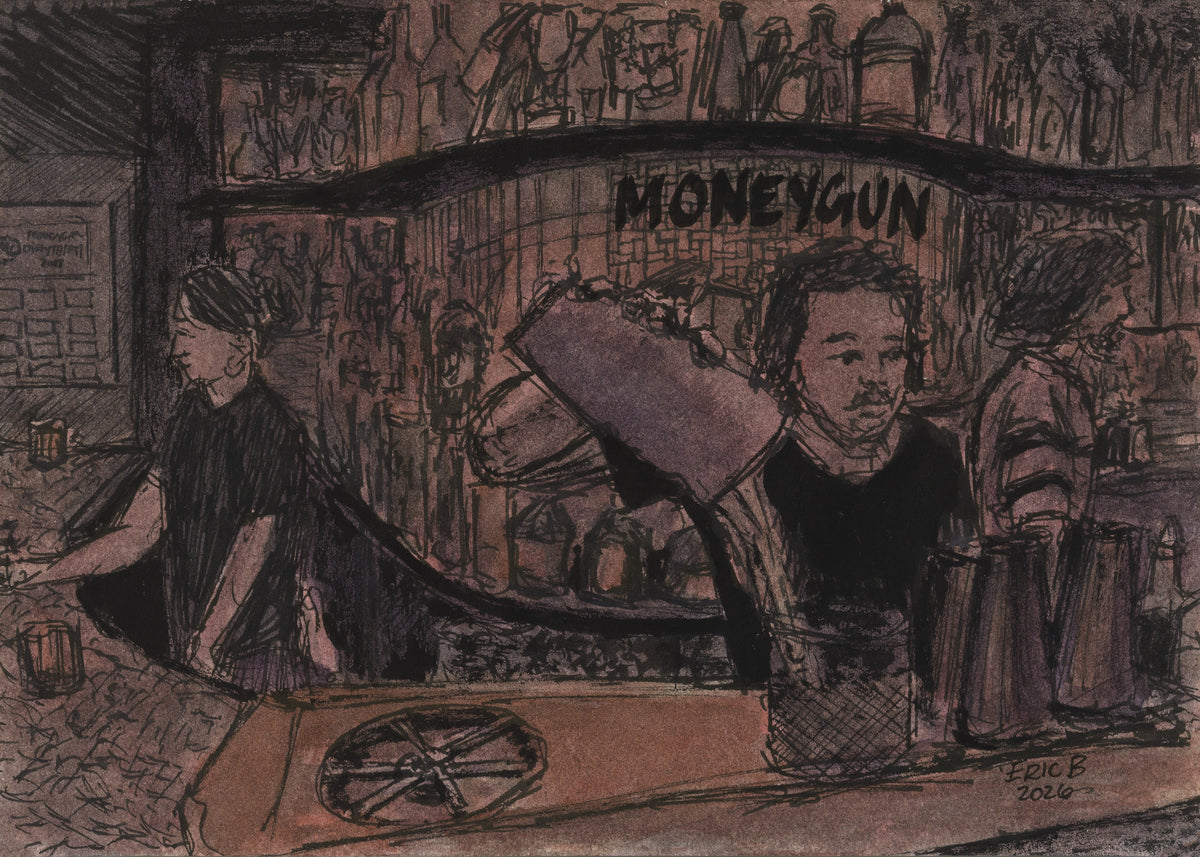 Hand drawn sketch of the bar and restaurant MONEYGUN